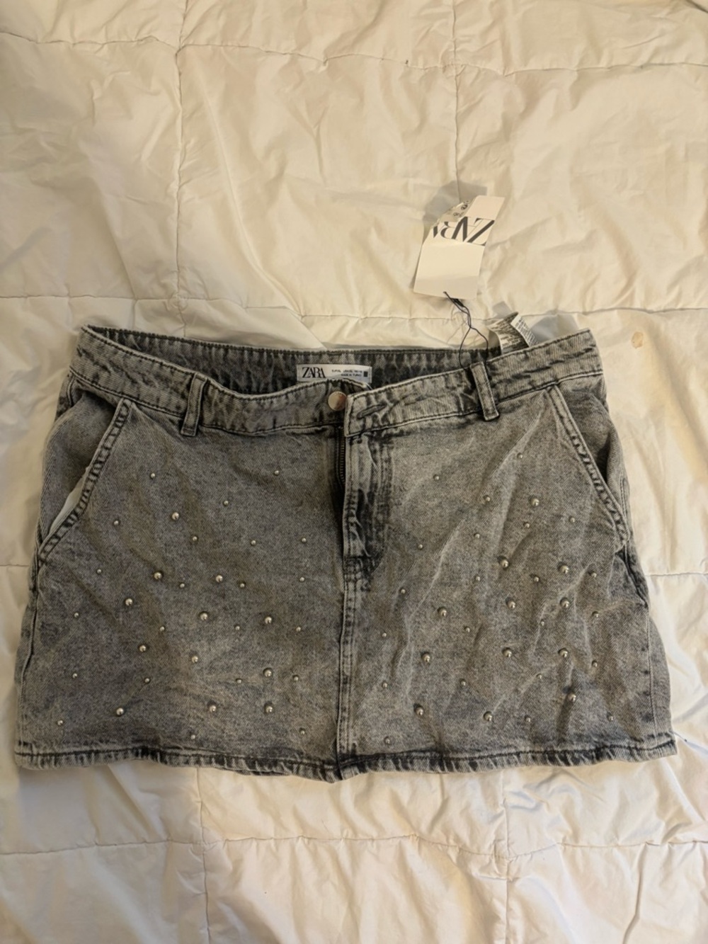 Zara Gray Studded Denim Mini Skirt with Front Pockets